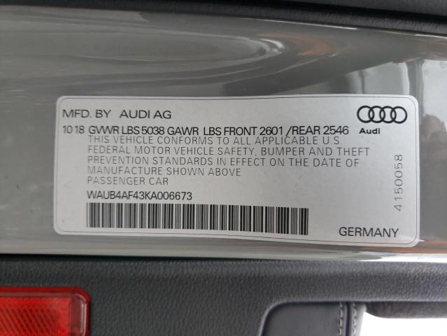 WAUB4AF43KA006673 | 2019 AUDI S4 PREMIUM