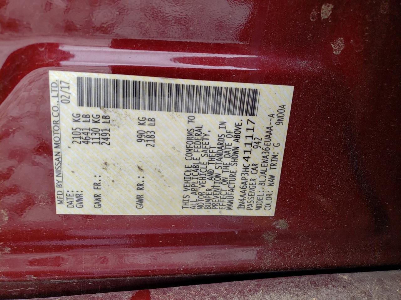 1N4AA6AP3HC411117 NISSAN MAXIMA 2017