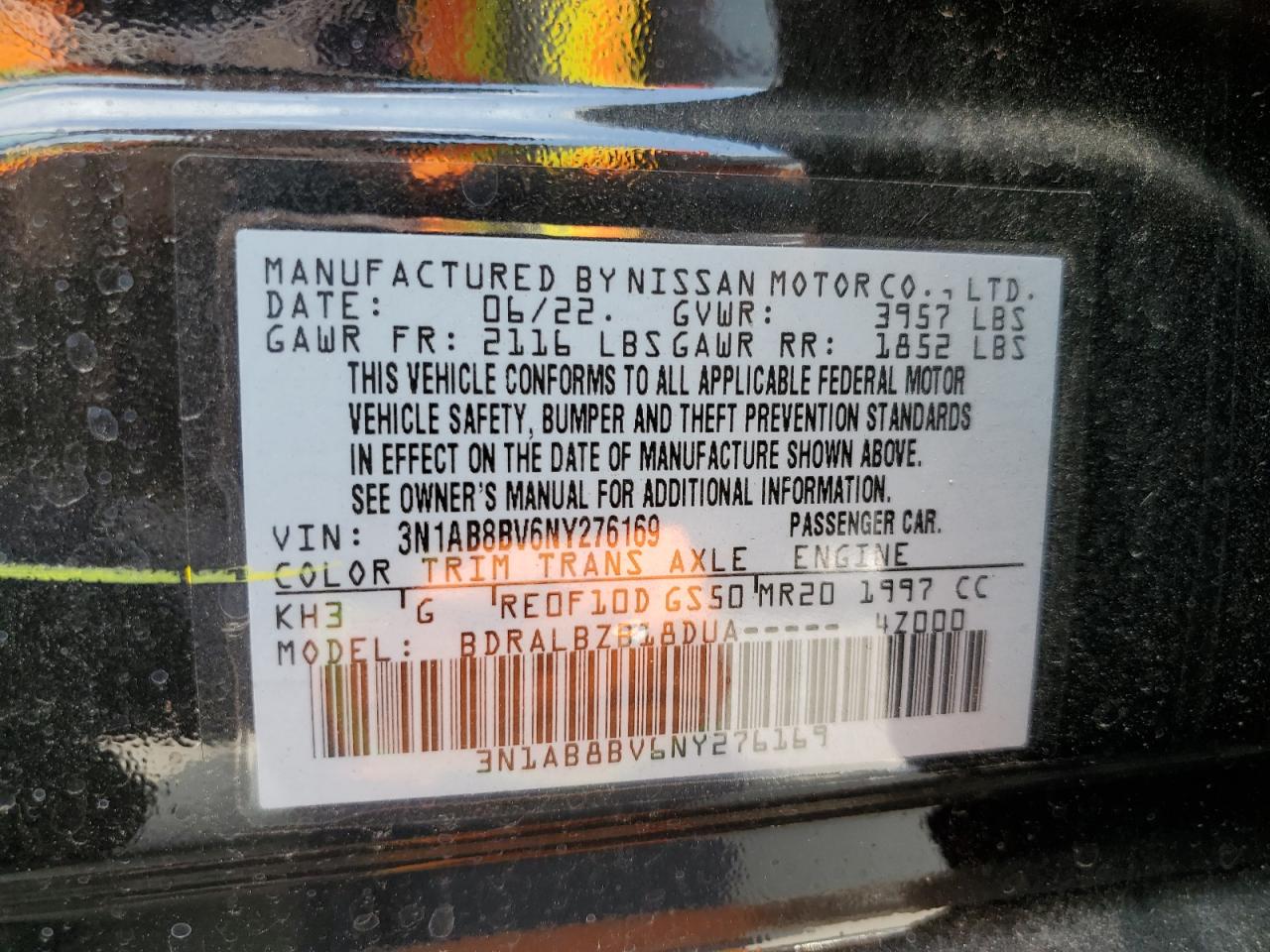 VIN: 3N1AB8BV6NY276169 2022 NISSAN SENTRA
