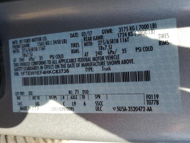 1FTEW1EF4HKC83736 Ford F150 Supercrew