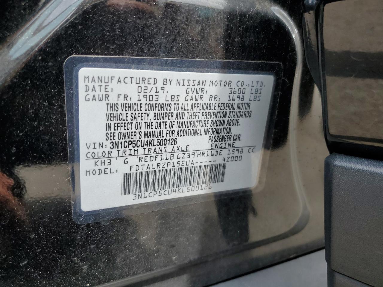 3N1CP5CU4KL500126 NISSAN KICKS 2019