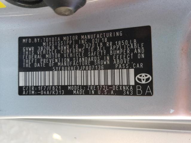 2018 TOYOTA COROILLA - 5YFBURHE3JP807136