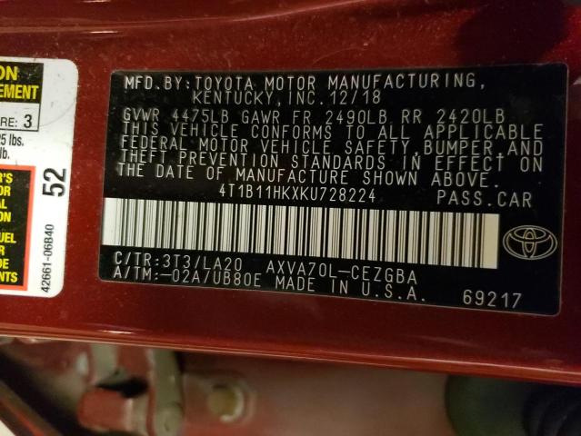 2019 TOYOTA CAMRY L/LE 4T1B11HKXKU728224