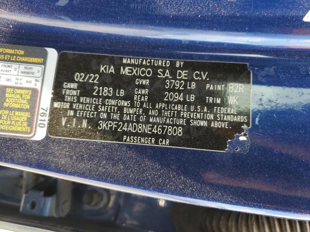 3KPF24AD8NE467808 KIA FORTE FE
