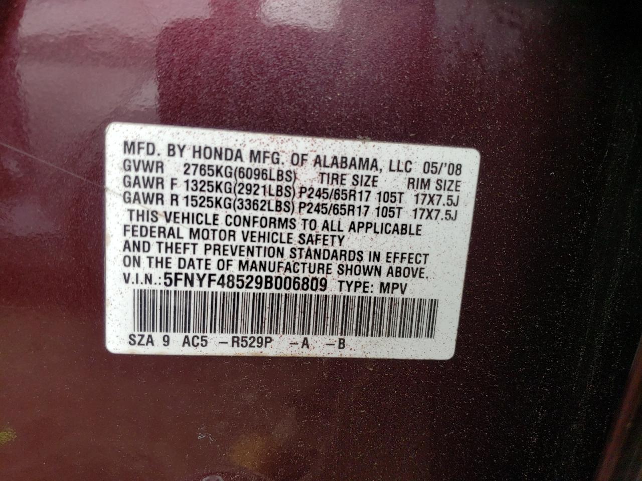 5FNYF48529B006809 2009 Honda Pilot Exl