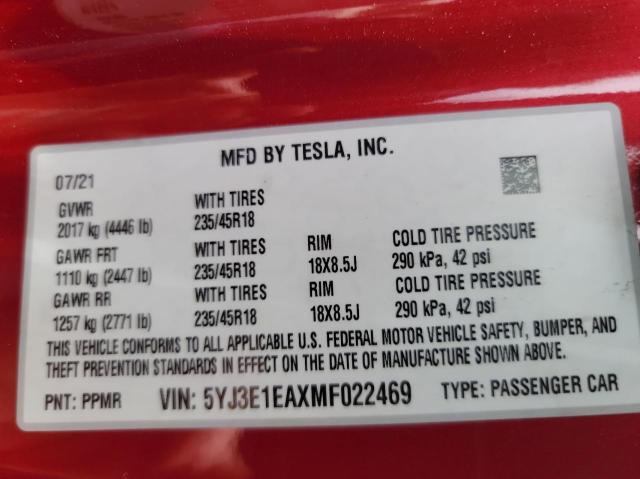 5YJ3E1EAXMF022469 Tesla MODEL 3