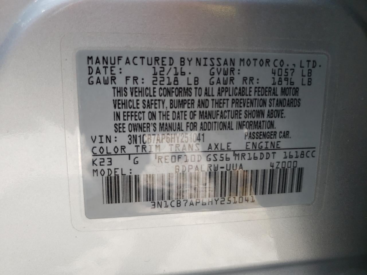 3N1CB7AP6HY251041 NISSAN SENTRA 2017