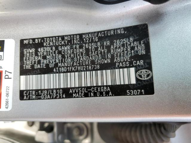 4T1BD1FK7HU218738 | 2017 TOYOTA CAMRY HYBR