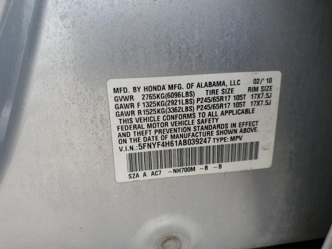 5FNYF4H61AB039247 2010 Honda Pilot Exl