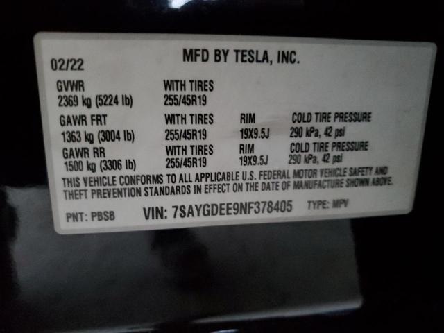 7SAYGDEE9NF378405 | 2022 TESLA MODEL Y