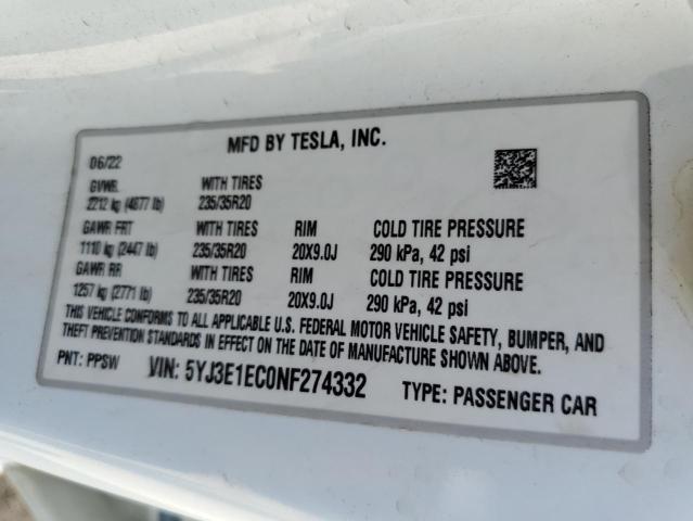 5YJ3E1EC0NF274332 Tesla MODEL 3