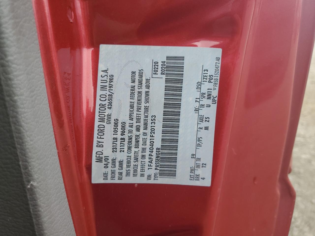 1FAFP40401F201353 2001 Ford Mustang