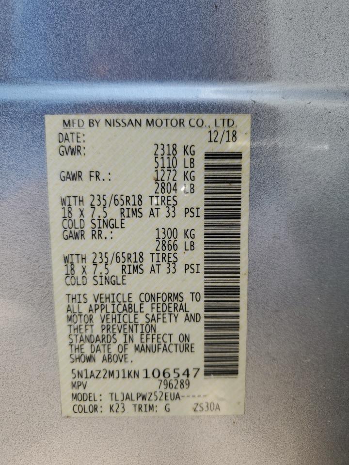 5N1AZ2MJ1KN106547 NISSAN MURANO 2019