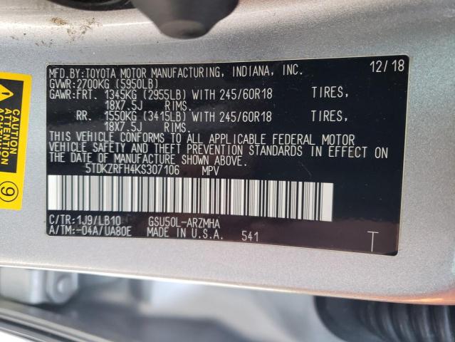 5TDKZRFH4KS307106 Toyota Highlander Se