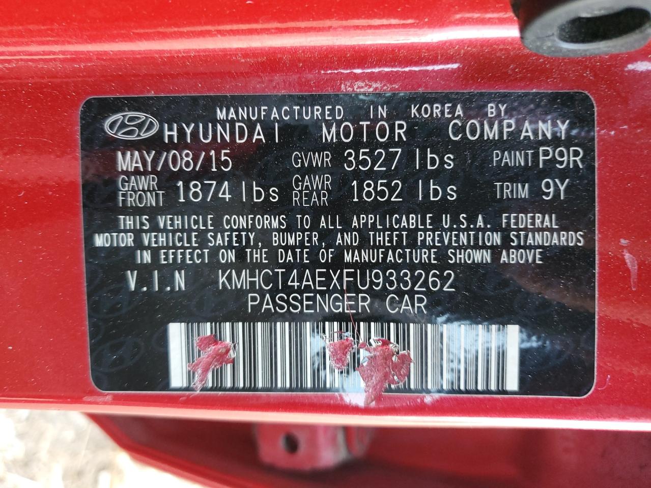 KMHCT4AEXFU933262 2015 Hyundai Accent Gls