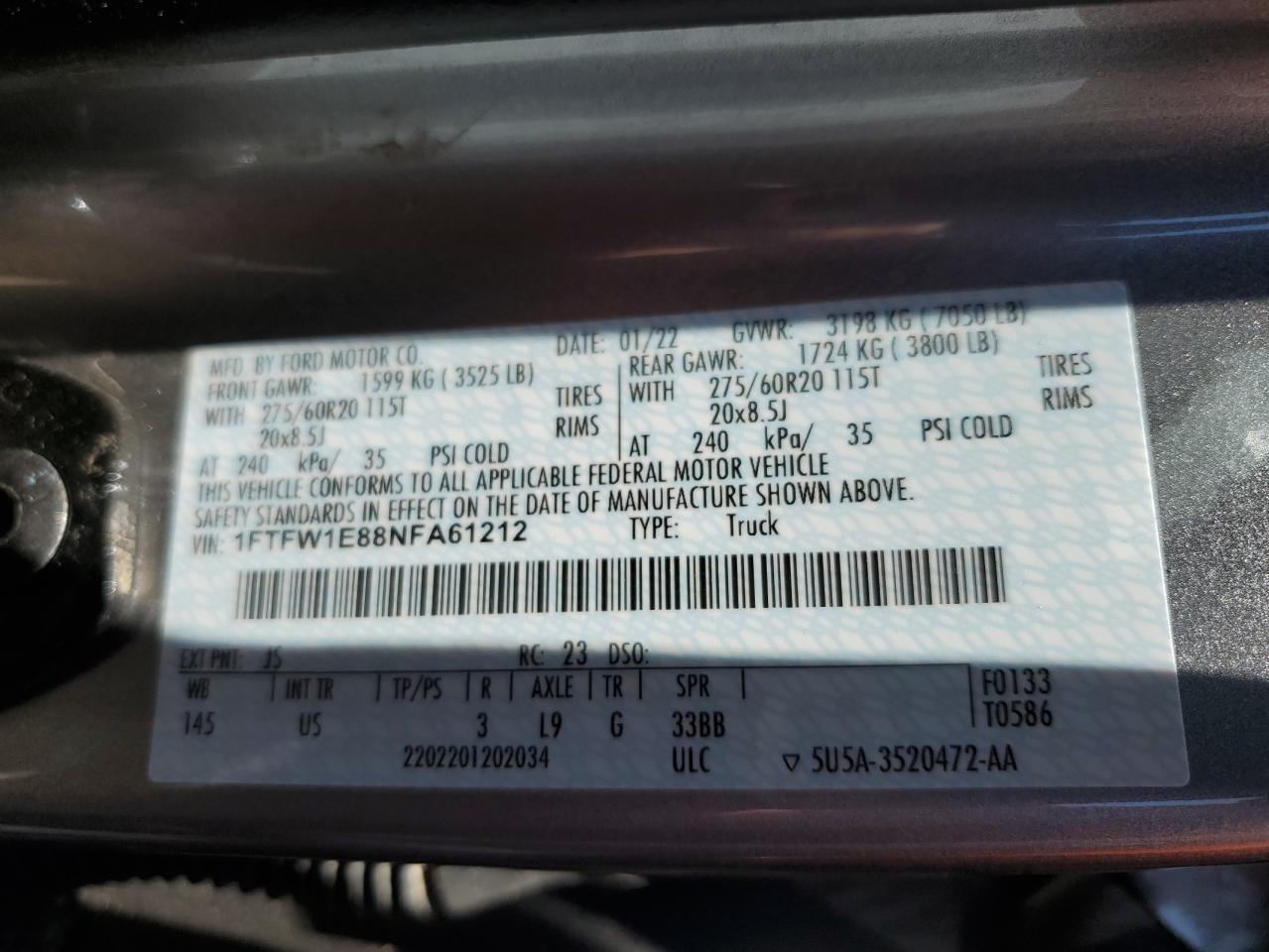 1FTFW1E88NFA61212 FORD F-150 2022