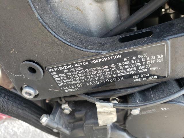 2006 SUZUKI GSX-R750 K - JS1GR7KA362108039