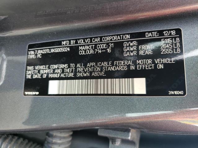 2019 VOLVO S60 T6 INS 7JRA22TLXKG005024