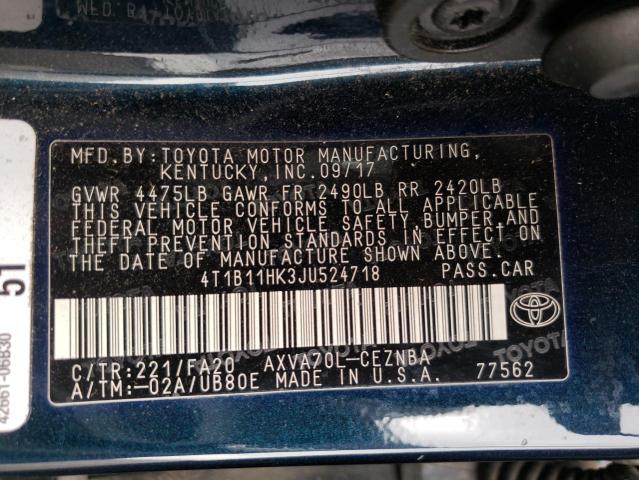 4T1B11HK3JU524718 Toyota CAMRY L