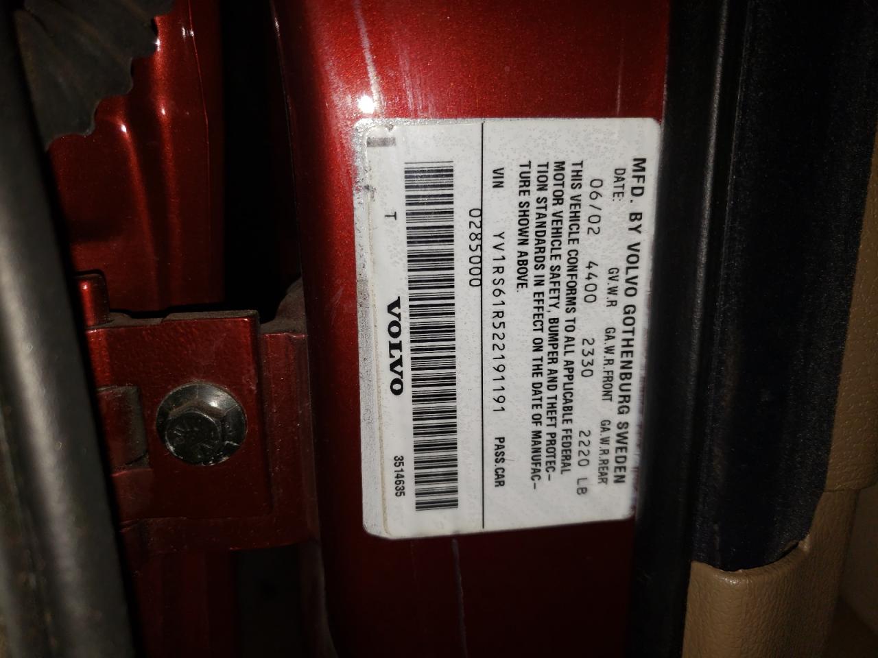 YV1RS61R522191191 2002 Volvo S60