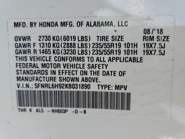 5FNRL6H92KB031890 2019 HONDA ODYSSEY, photo no. 14