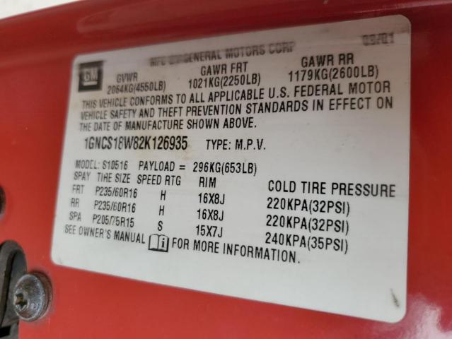 2002 Chevrolet Blazer VIN: 1GNCS18W82K126935 Lot: 61390474