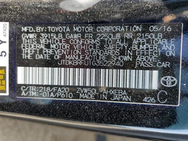 JTDKBRFU1G3522940 Toyota PRIUS