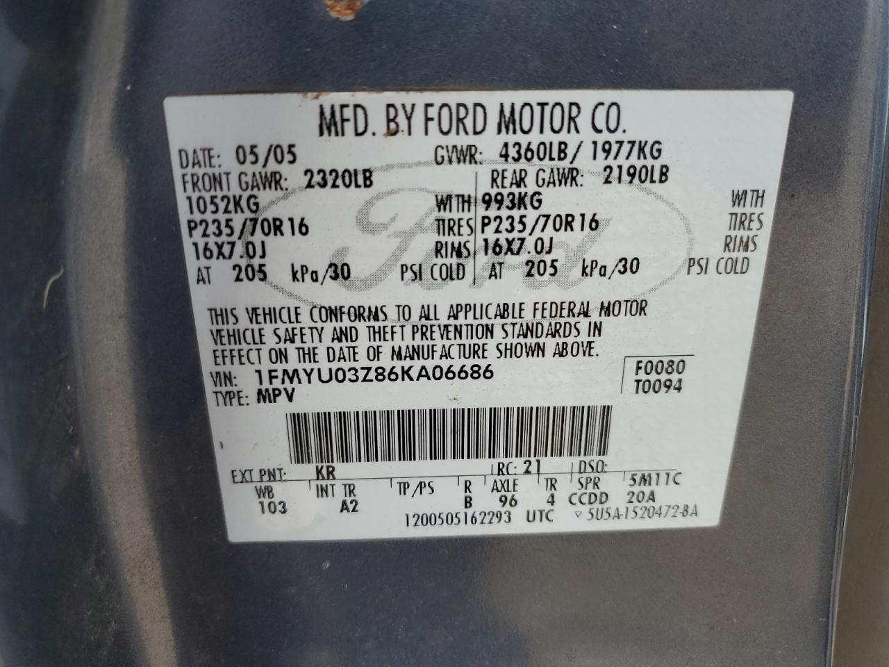 1FMYU03Z86KA06686 2006 Ford Escape Xlt