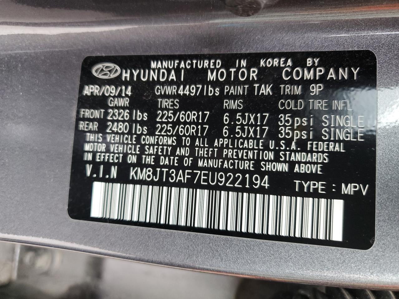 KM8JT3AF7EU922194 2014 Hyundai Tucson Gls