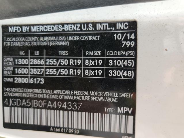 VIN 4JGDA5JB0FA494337 2015 Mercedes-Benz ML-Class, 350 no.12