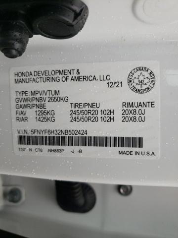 2022 HONDA PILOT SPOR 5FNYF6H32NB502424