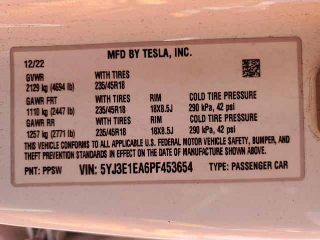 5YJ3E1EA6PF453654 Tesla MODEL 3