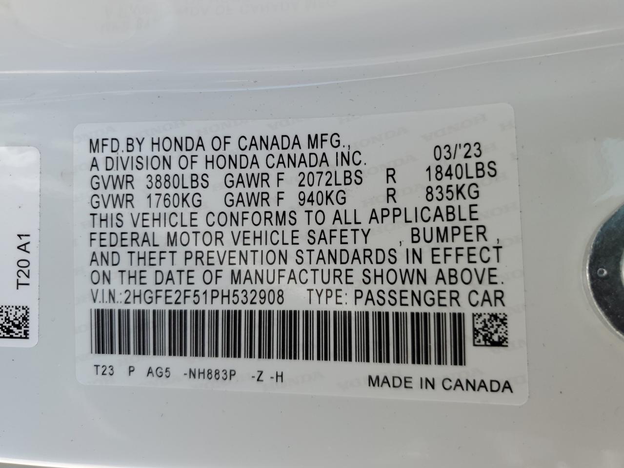 VIN: 2HGFE2F51PH532908 2023 HONDA CIVIC