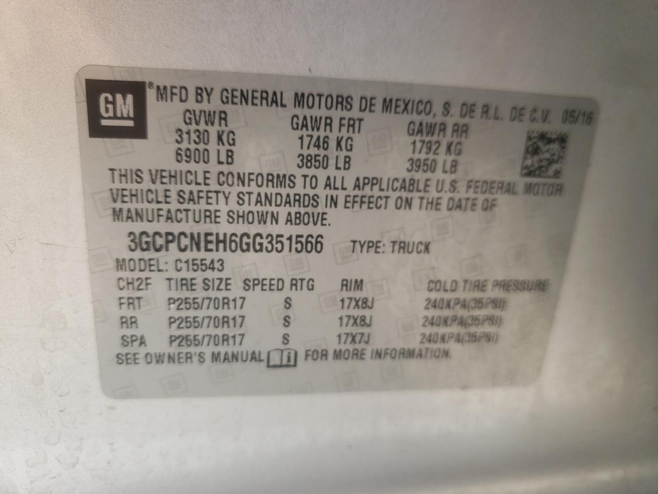 3GCPCNEH6GG351566 CHEVROLET ALL Models 2016