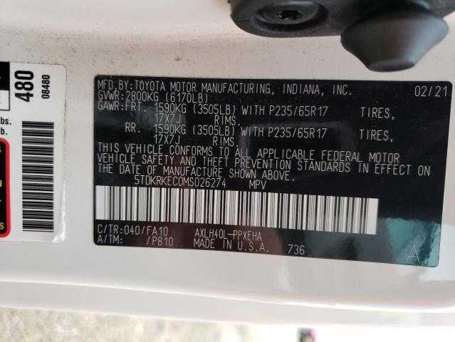 5TDKRKEC0MS026274 Auction: COPART Lot: 57561433 Location: NE - LINCOLN 5TDKRKEC0MS026274 TOYOTA All Models 2021 WHITE Photo 14