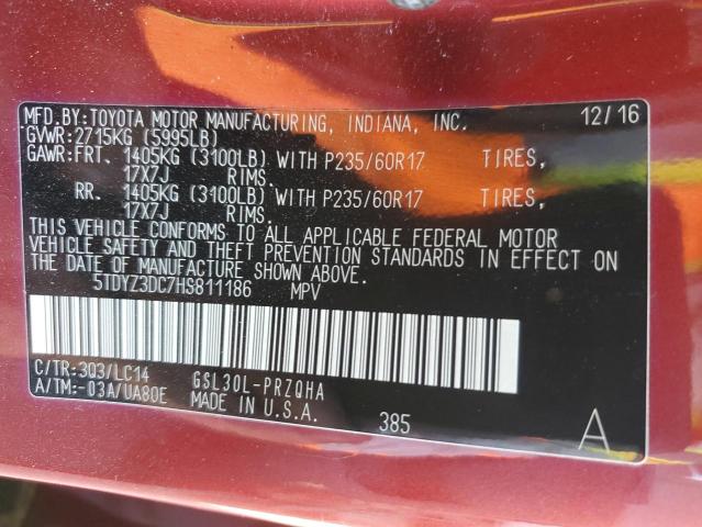 5TDYZ3DC7HS811186 Toyota SIENNA XLE