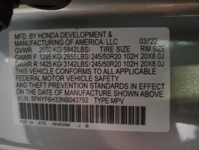 2022 HONDA PILOT SPOR 5FNYF6H33NB043792
