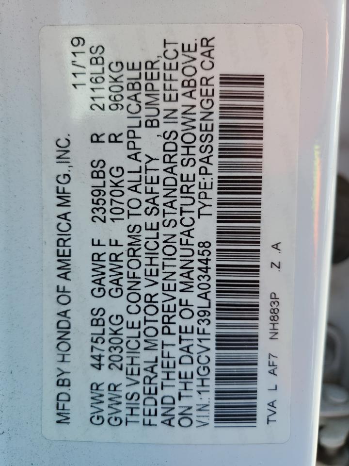 VIN: 1HGCV1F39LA034458 2020 HONDA ACCORD