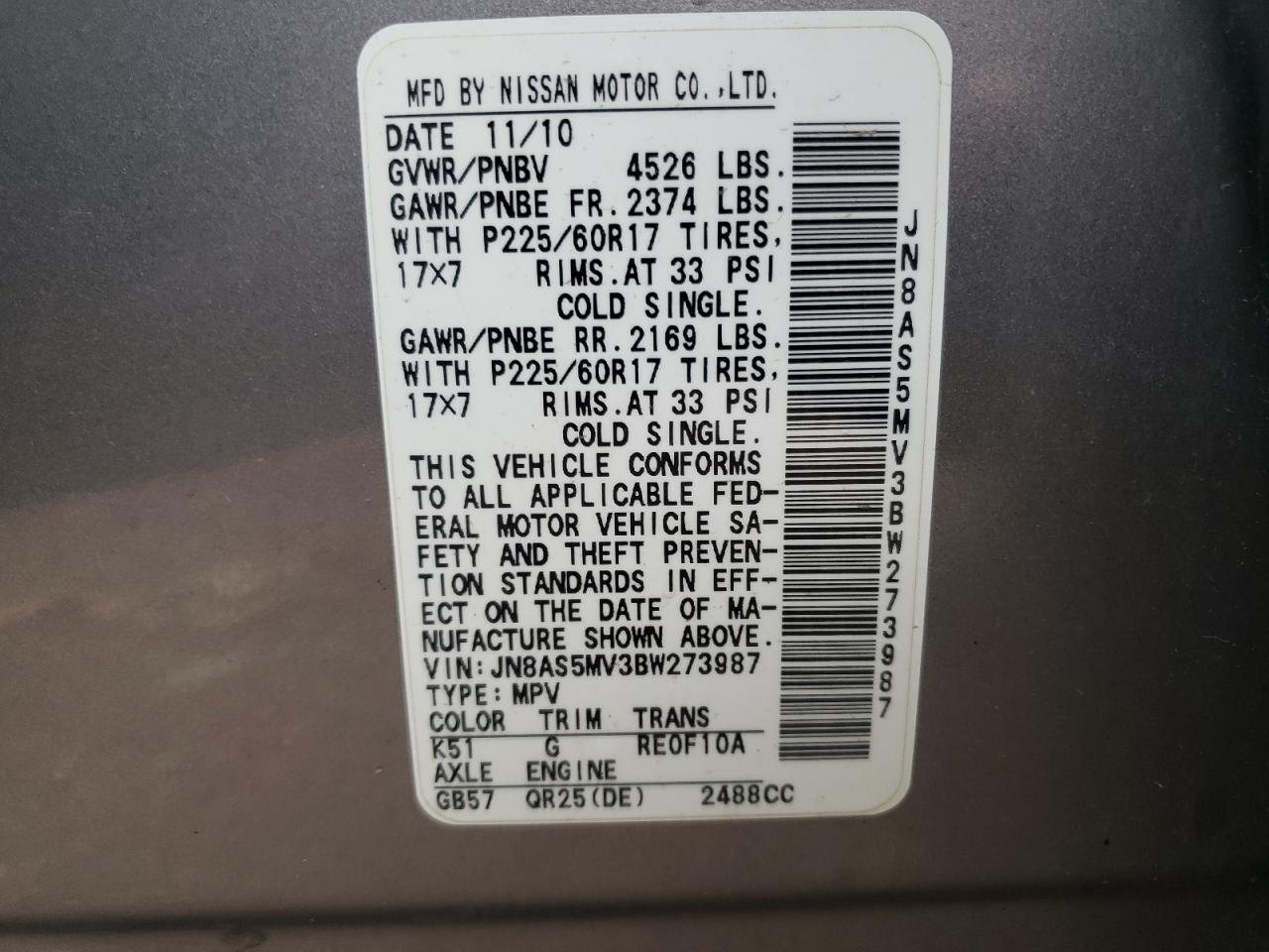 JN8AS5MV3BW273987 2011 Nissan Rogue S