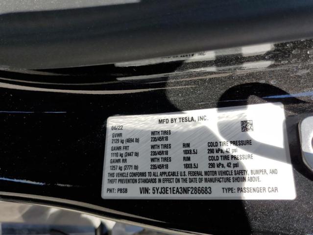 5YJ3E1EA3NF286683 | 2022 TESLA MODEL 3