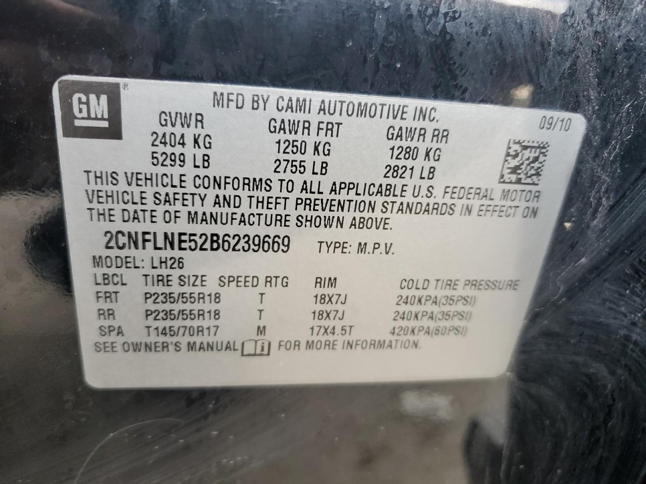 2CNFLNE52B6239669 2011 Chevrolet Equinox Lt