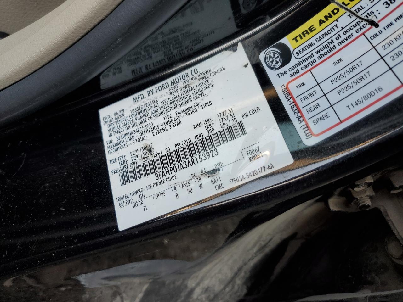 3FAHP0JA3AR153923 2010 Ford Fusion Sel