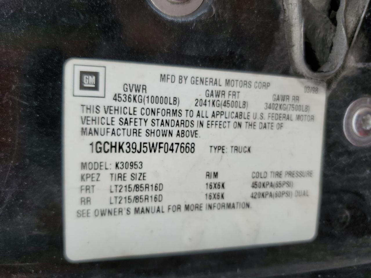1GCHK39J5WF047668 1998 Chevrolet Gmt-400 K3500