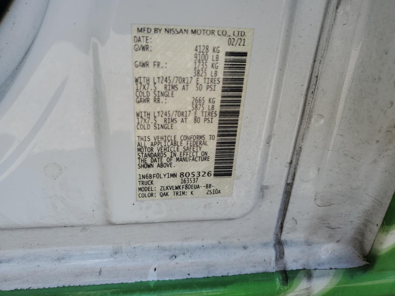 VIN: 1N6BF0LY1MN805326 2021 NISSAN NV