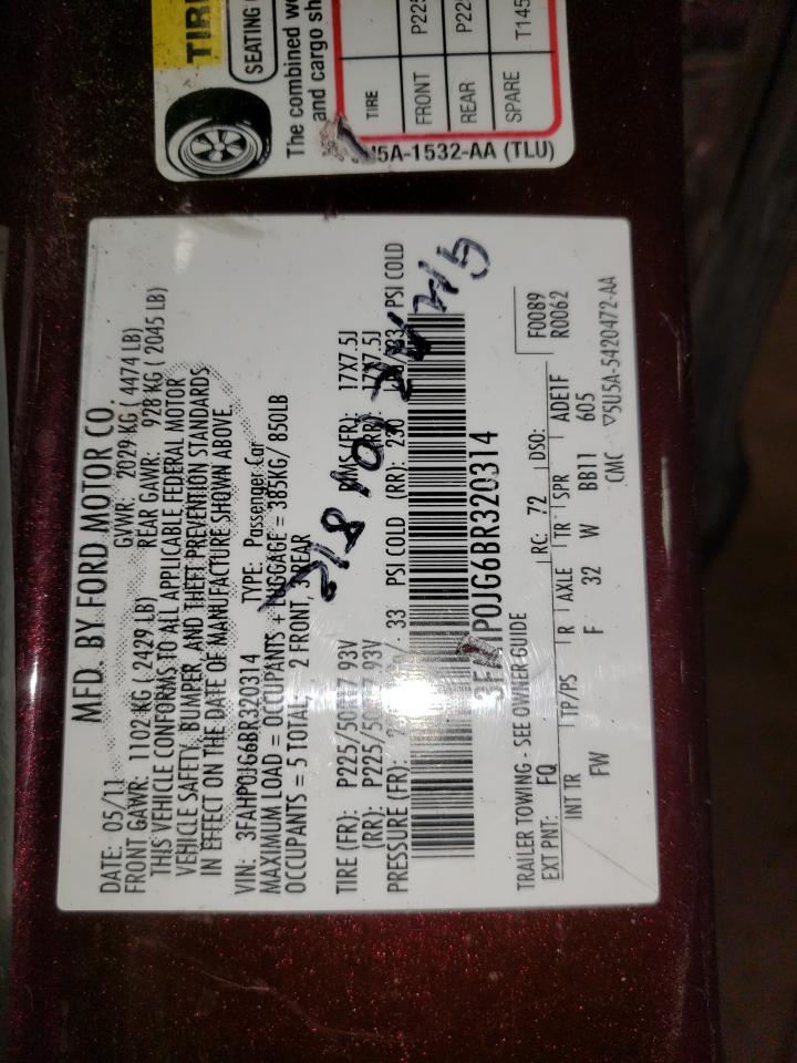 3FAHP0JG6BR320314 2011 Ford Fusion Sel