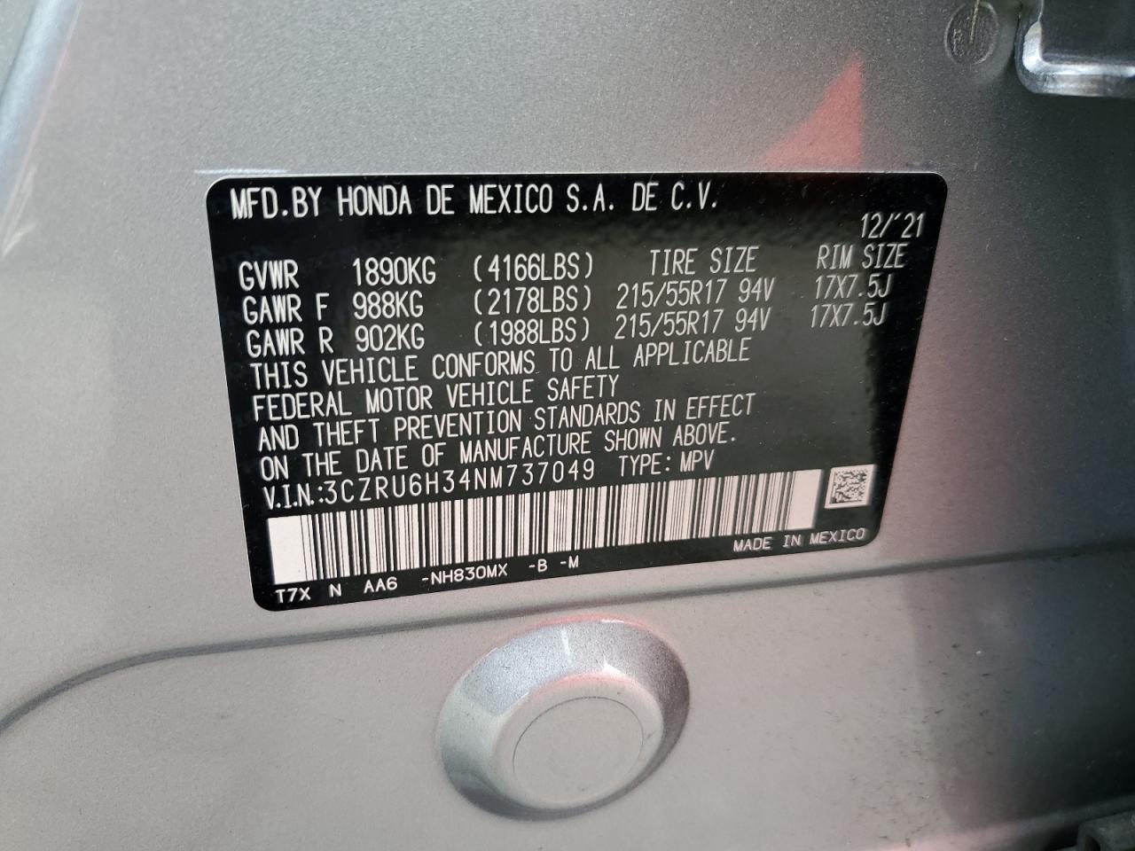 VIN: 3CZRU6H34NM737049 2022 HONDA HR-V