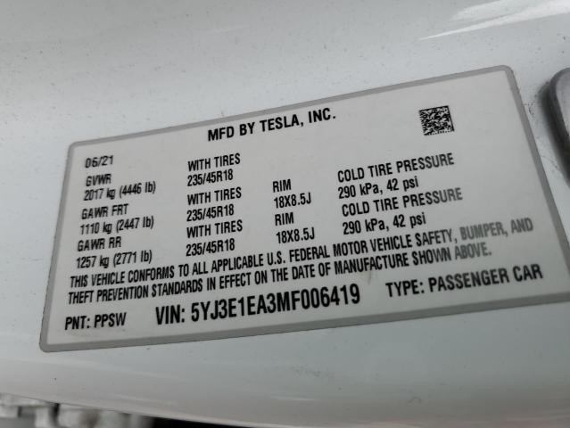 5YJ3E1EA3MF006419 Tesla MODEL 3
