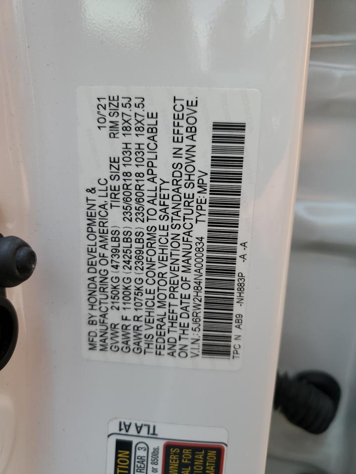 VIN: 5J6RW2H84NA000834 2022 HONDA CRV
