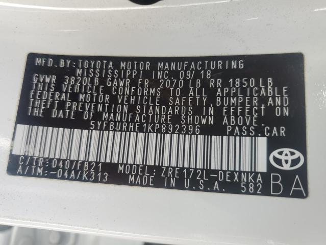 5YFBURHE1KP892396 Toyota COROLLA L