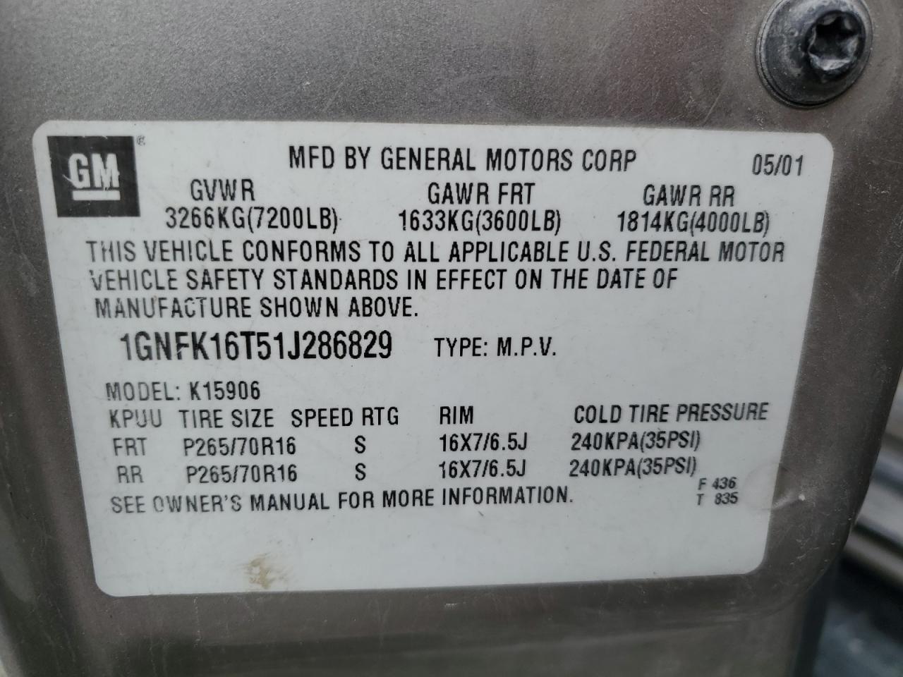 1GNFK16T51J286829 2001 Chevrolet Suburban K1500